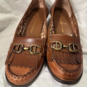 Etienne Aigner Cognac Leather Loafers with Gold Buckles